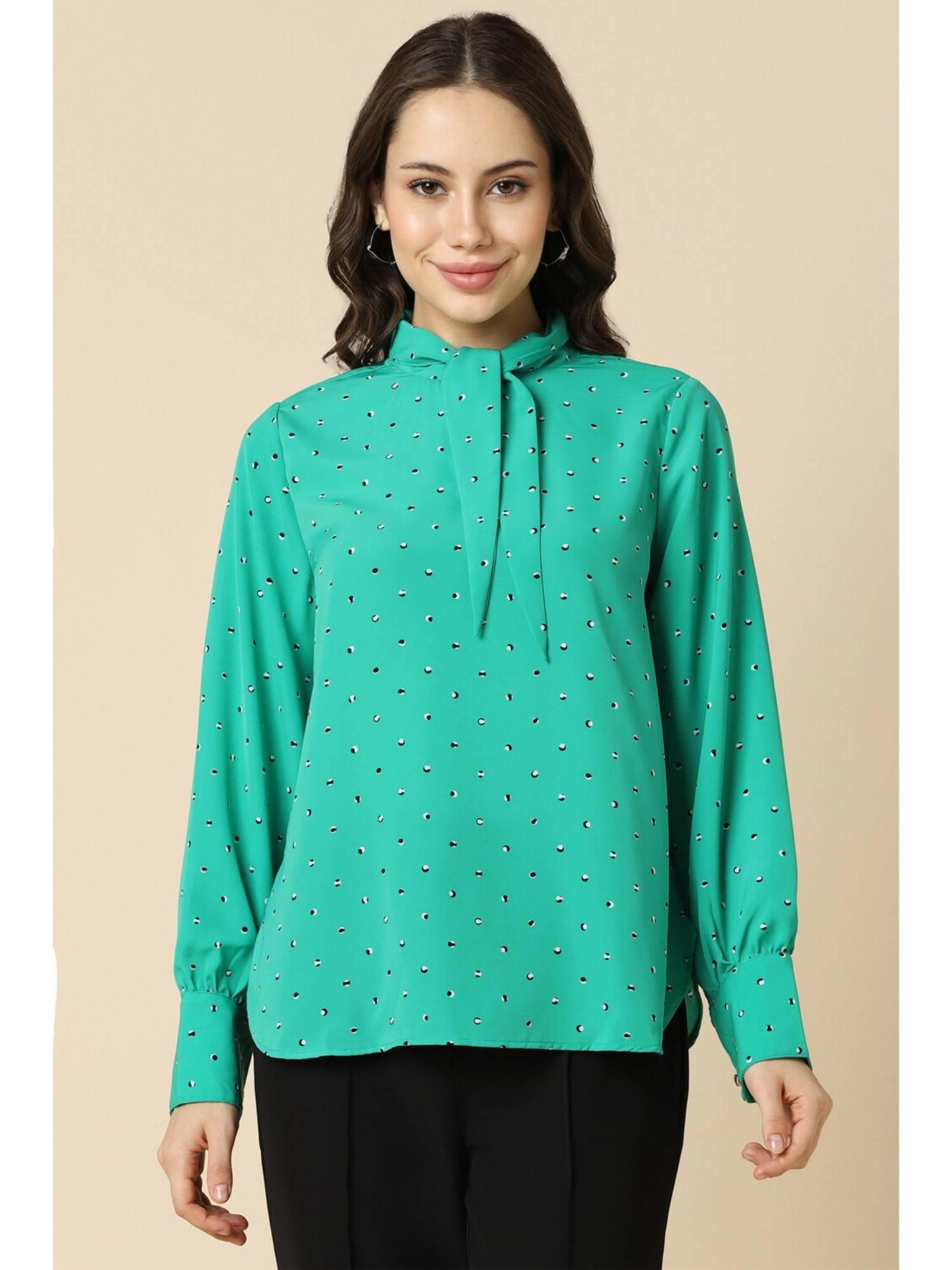 women polyester printed regular fit green top