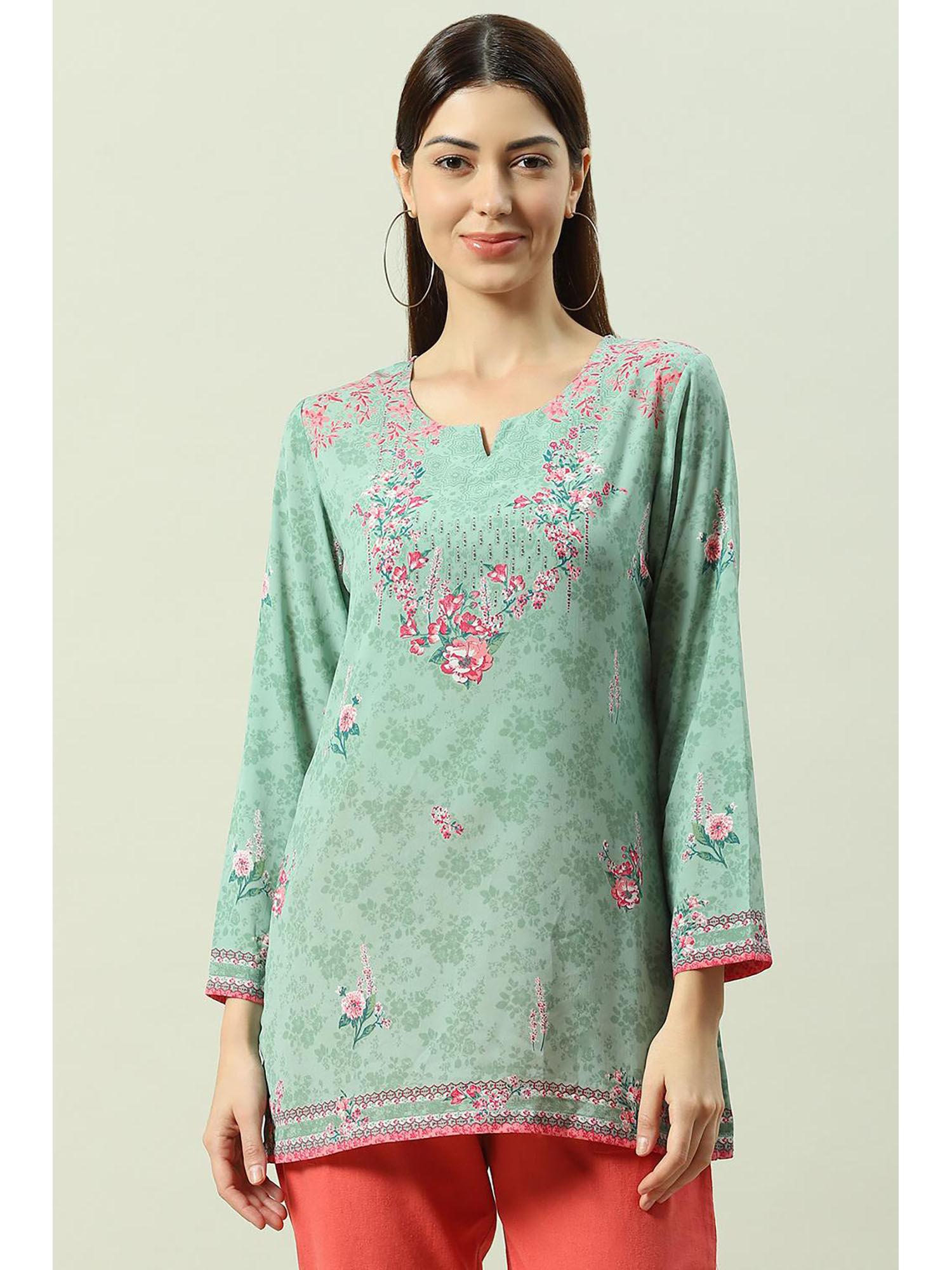 women polyester printed tunic - turquoise