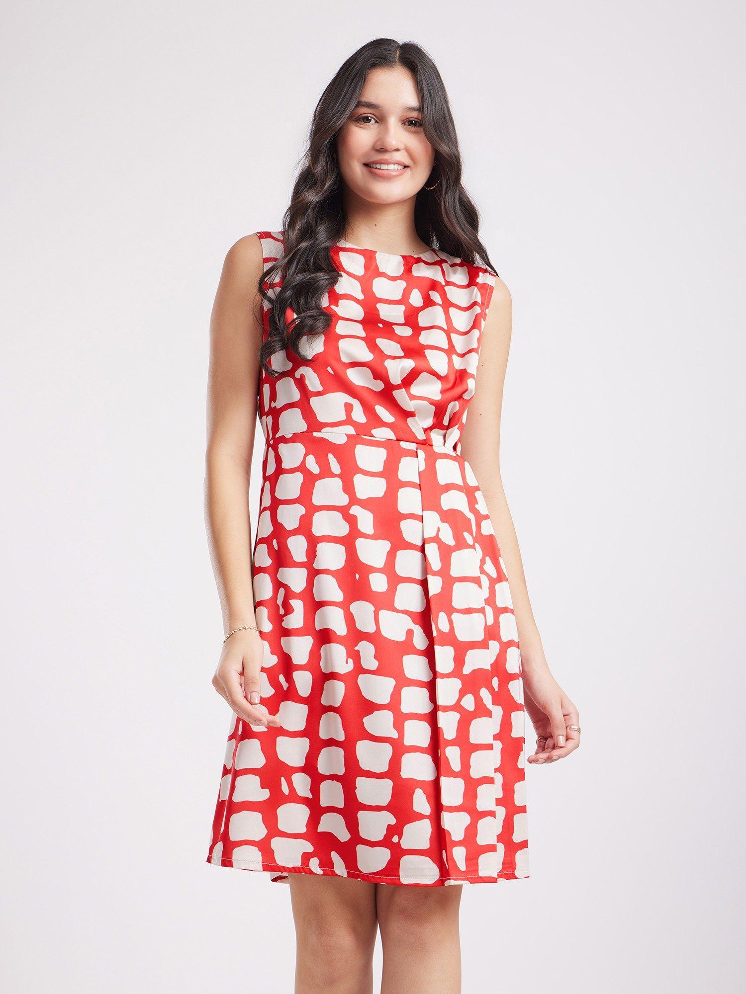 women polyester red abstract knee length dress