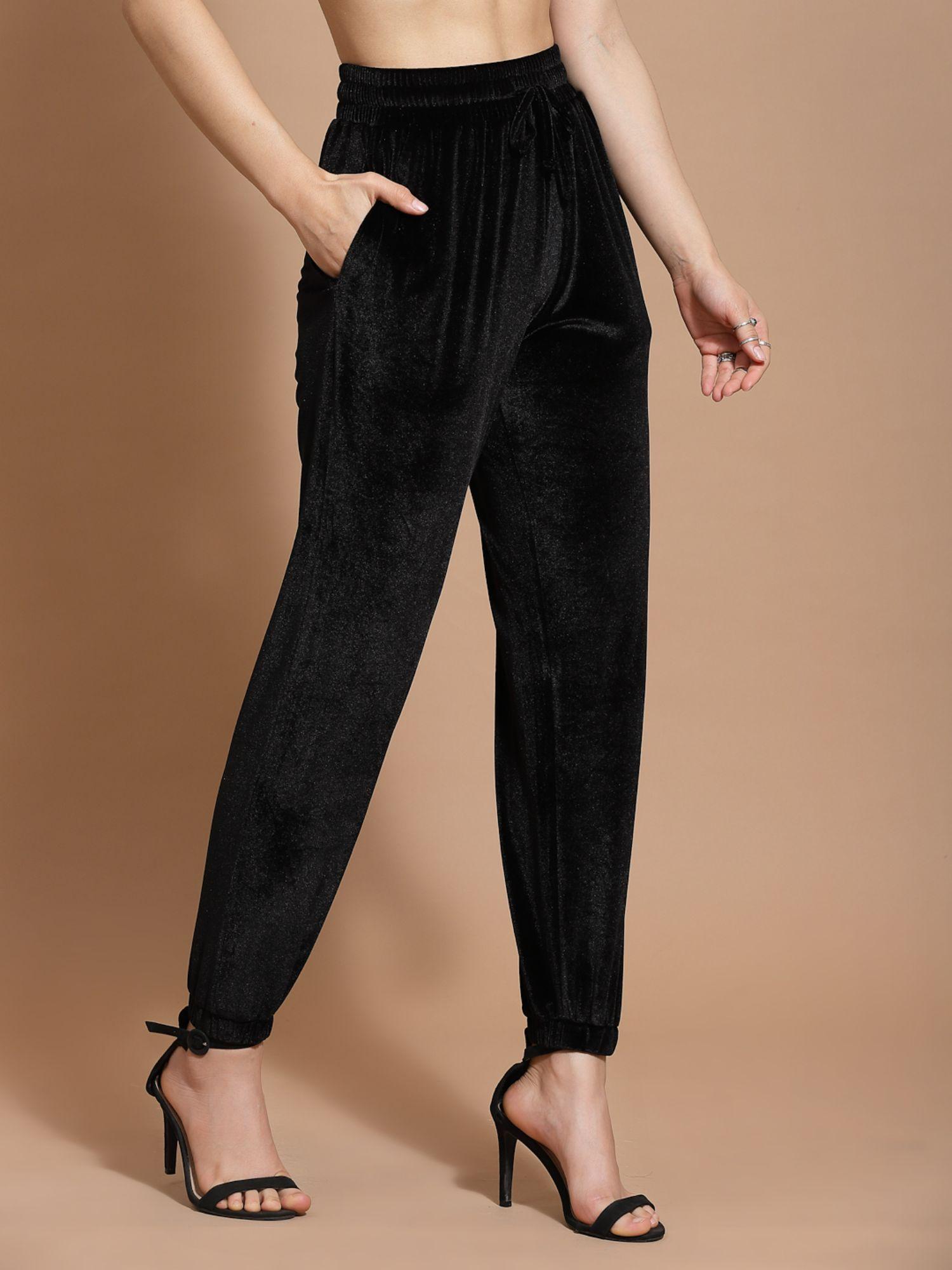 women polyester solid black joggers