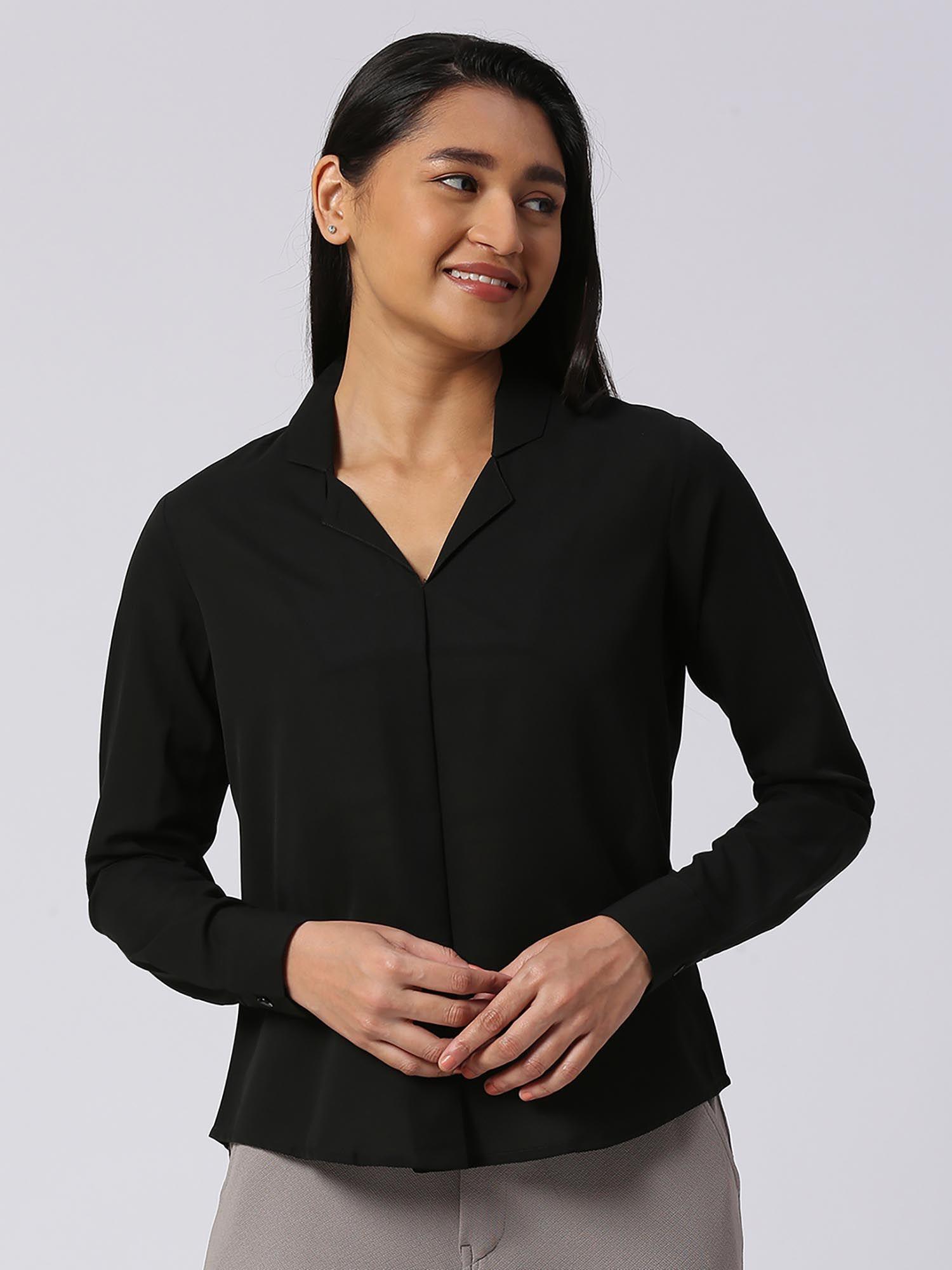 women polyester solid black notched lapel top