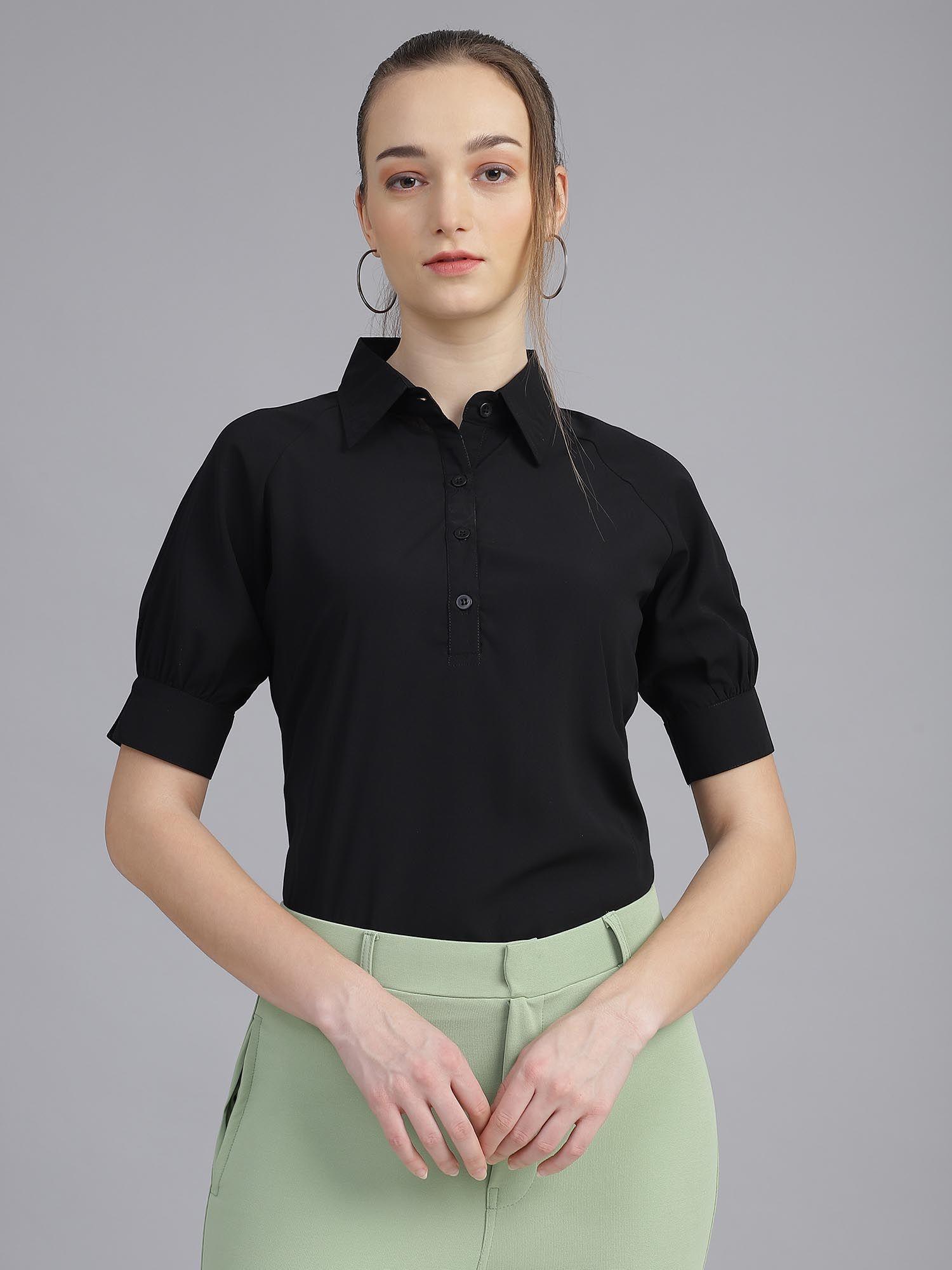 women polyester solid black puff sleeves shirt style top