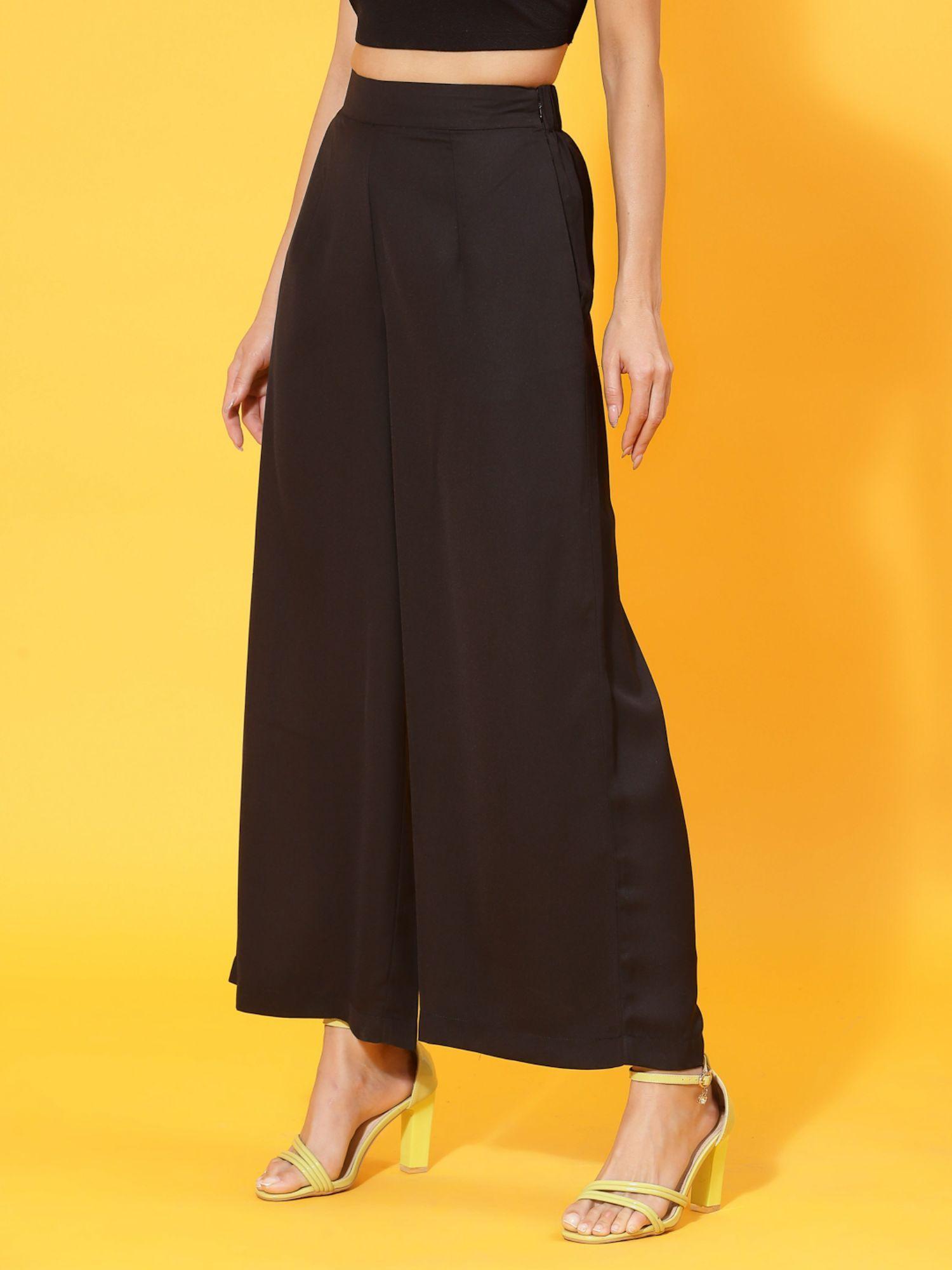 women polyester solid black trouser