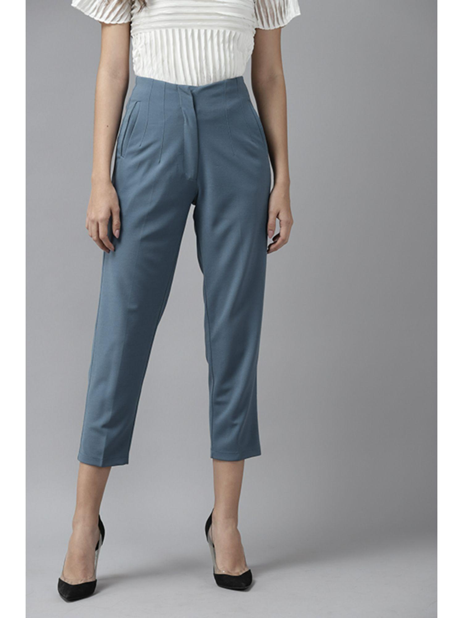 women polyester solid blue pant