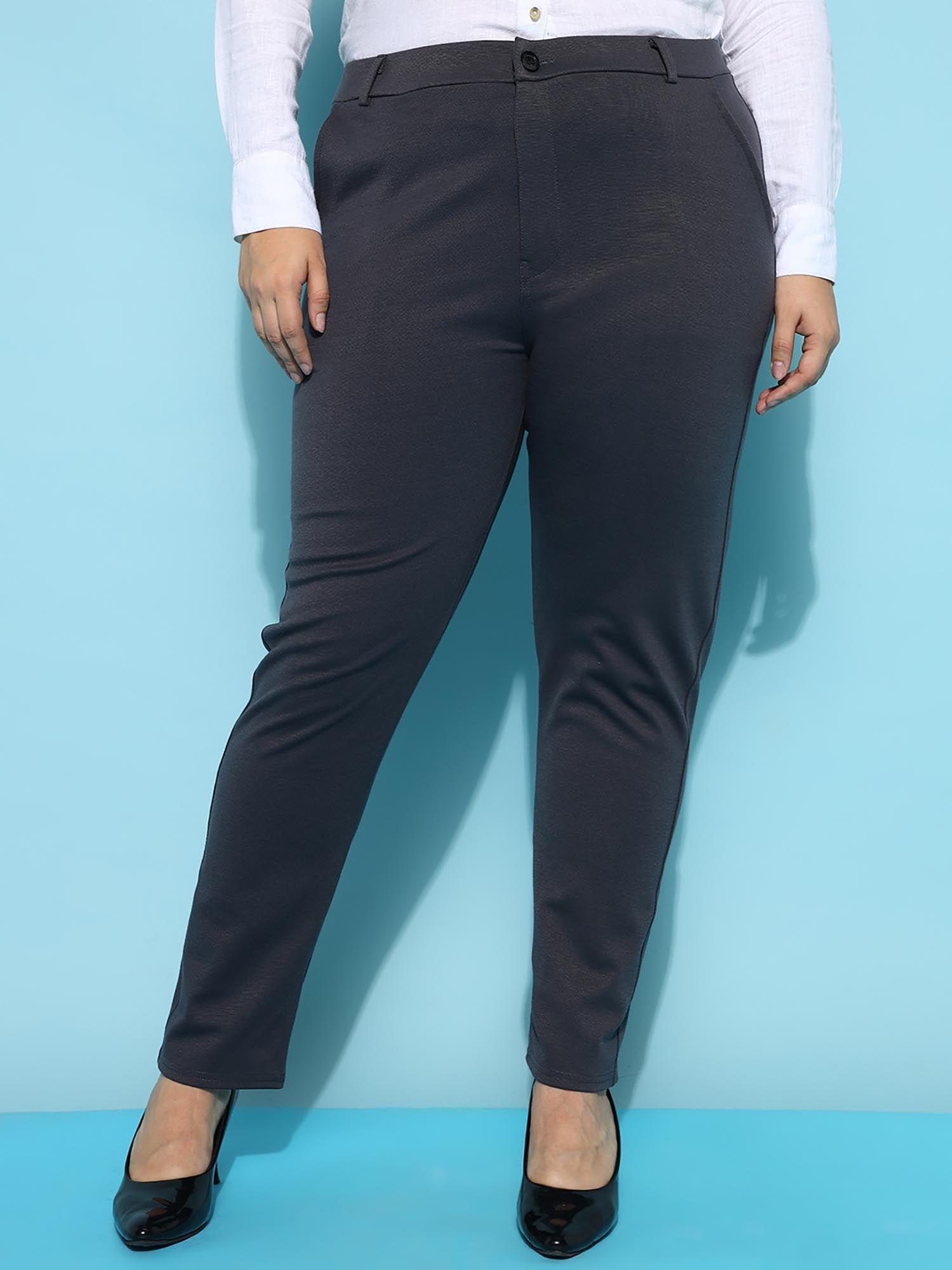 women polyester solid grey high waist formal trouser