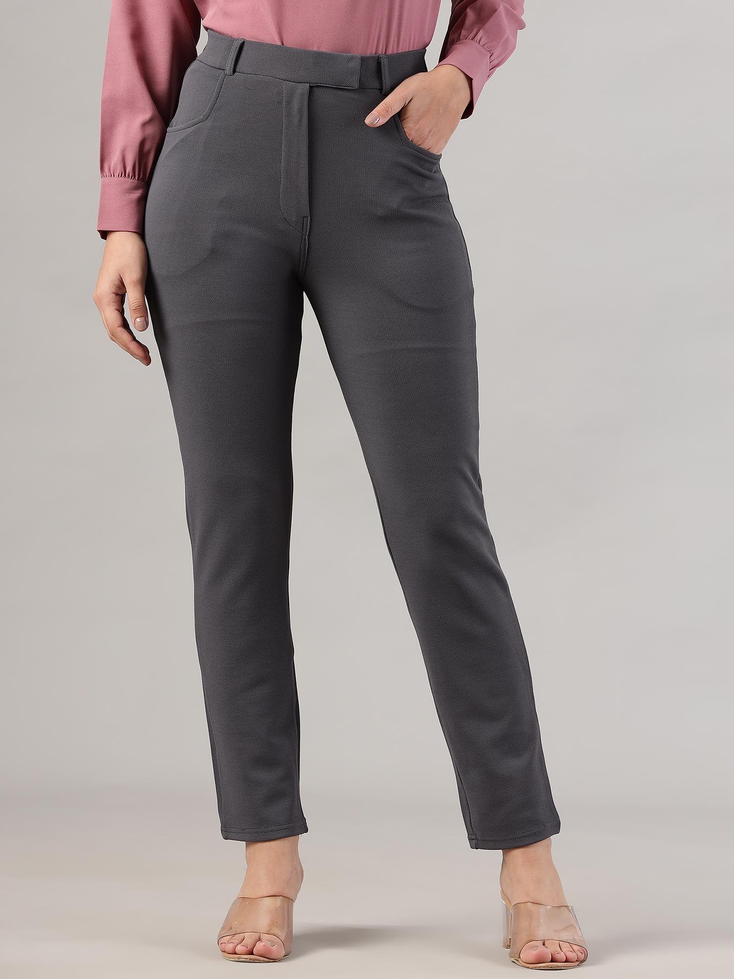 women polyester solid grey high waist formal trouser