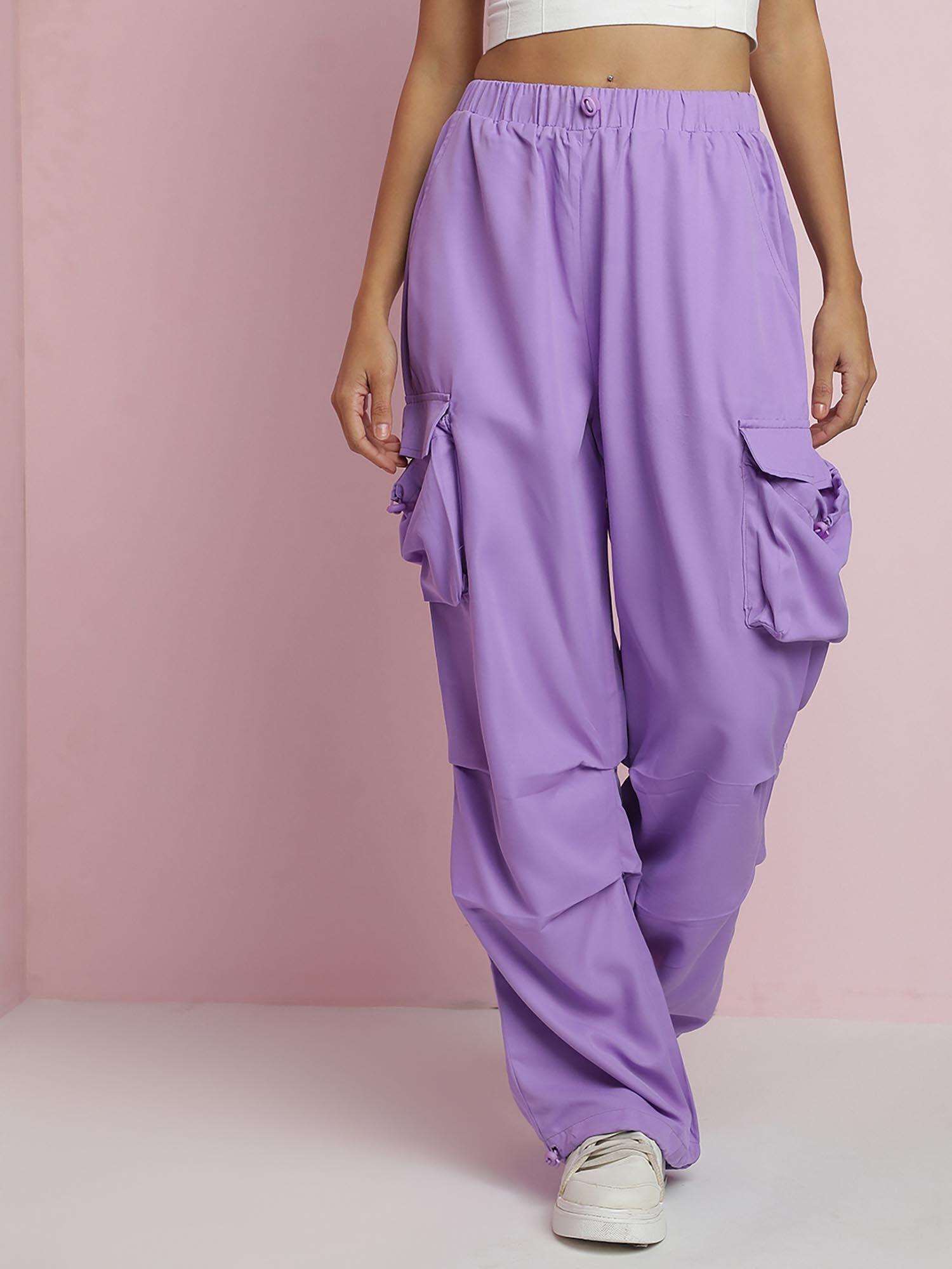 women polyester solid lavender high waist parachute casual trouser