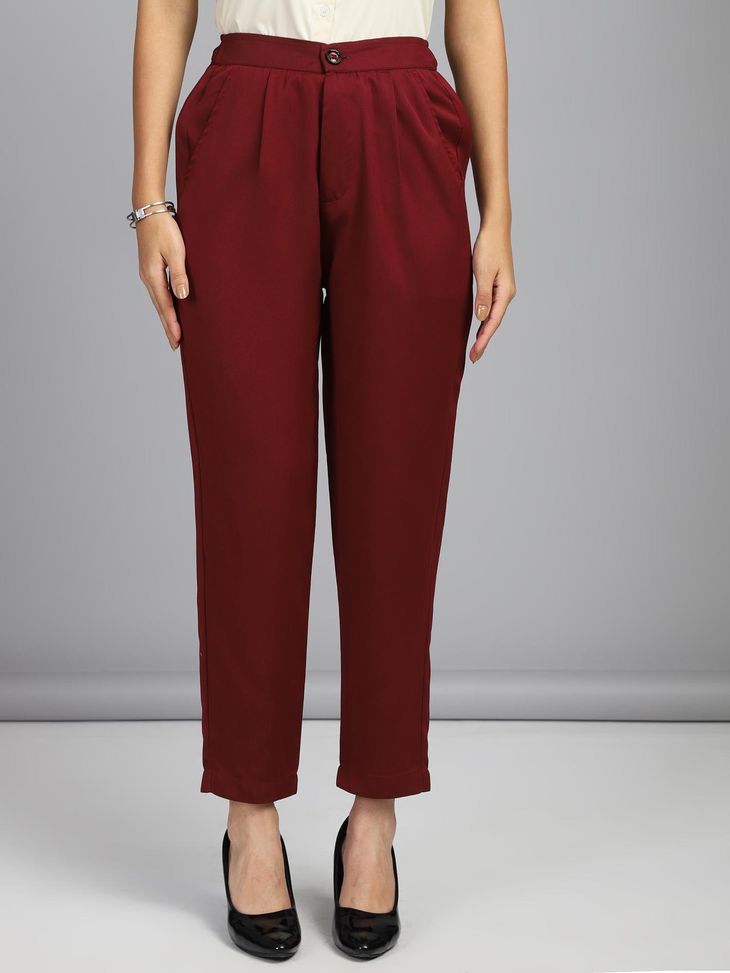 women polyester solid maroon high waist formal trouser