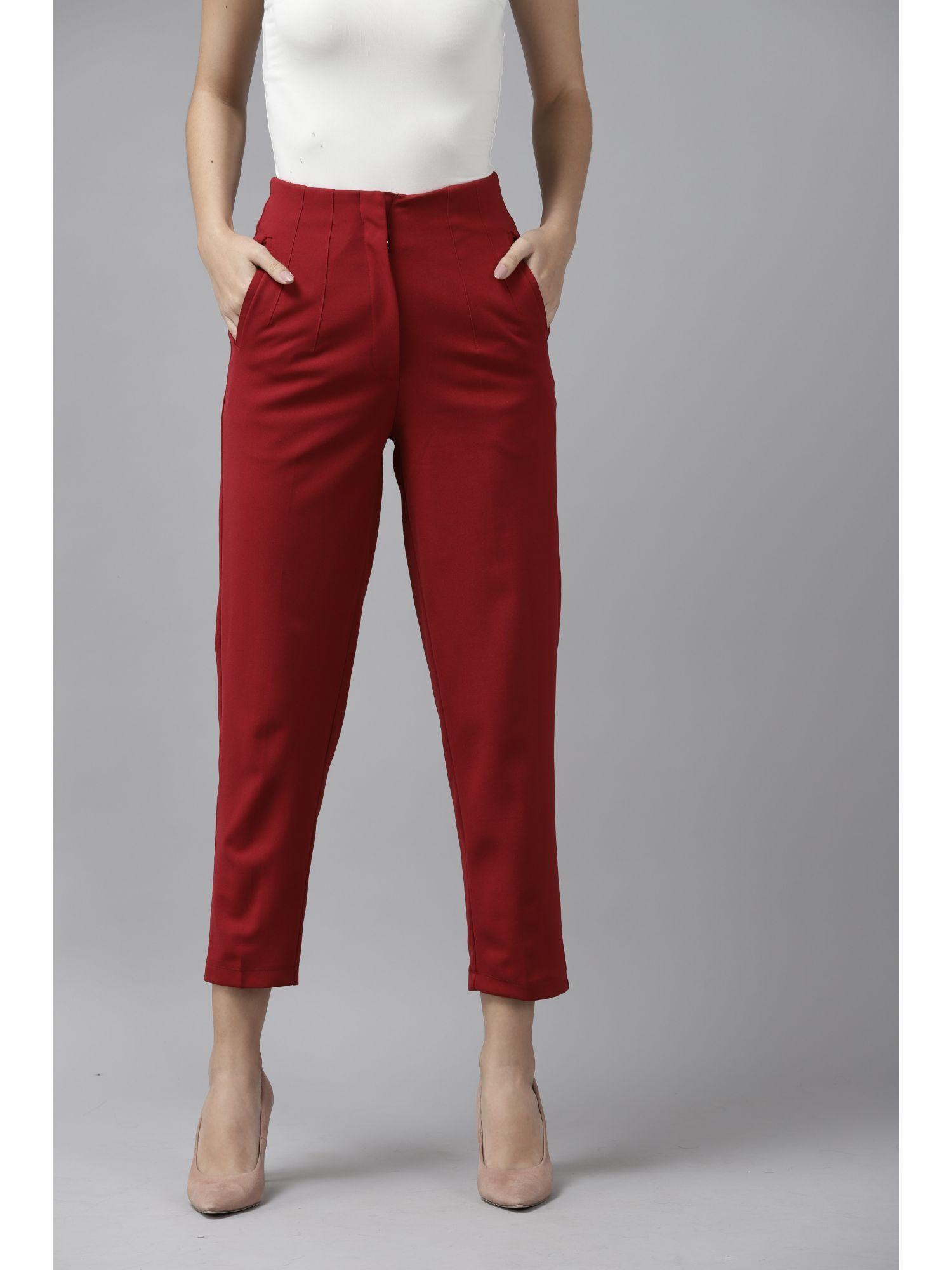 women polyester solid maroon pant