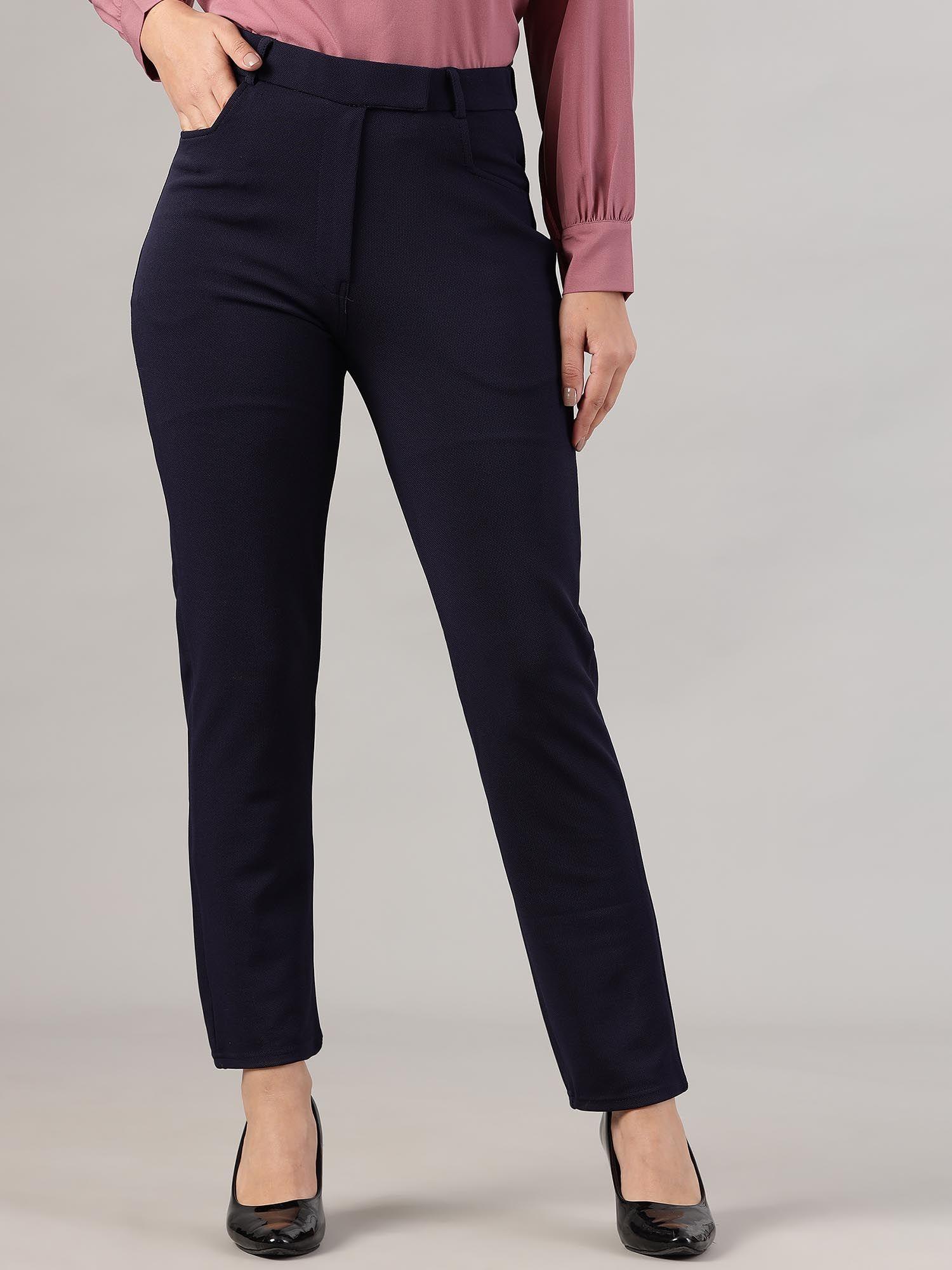 women polyester solid navy blue high waist formal trouser