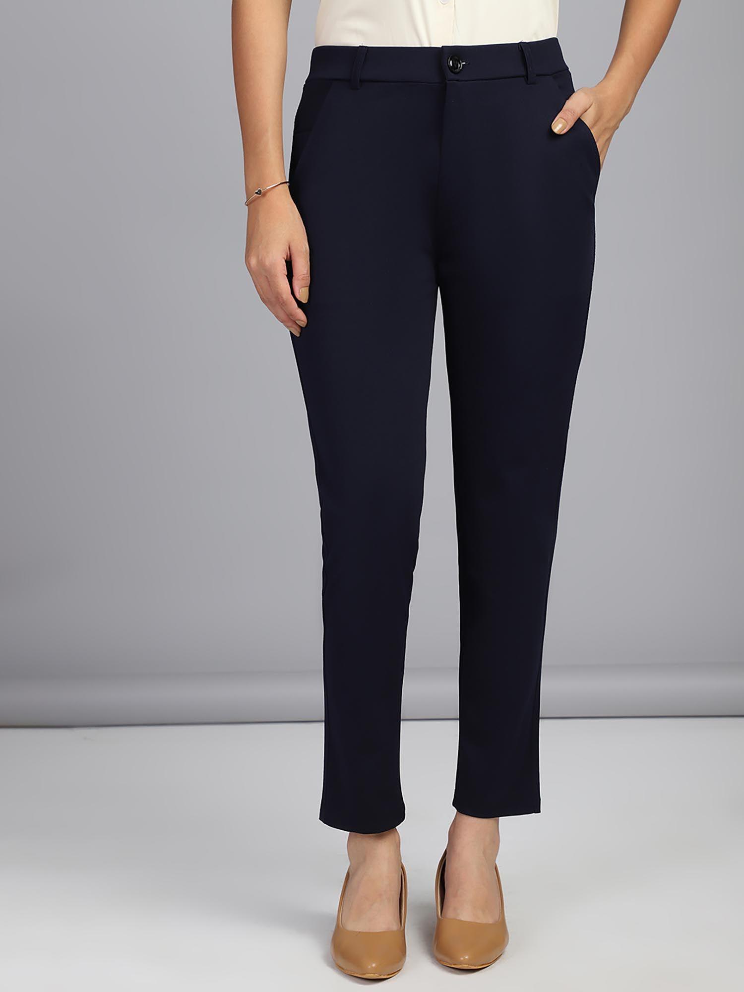 women polyester solid navy blue high waist formal trouser