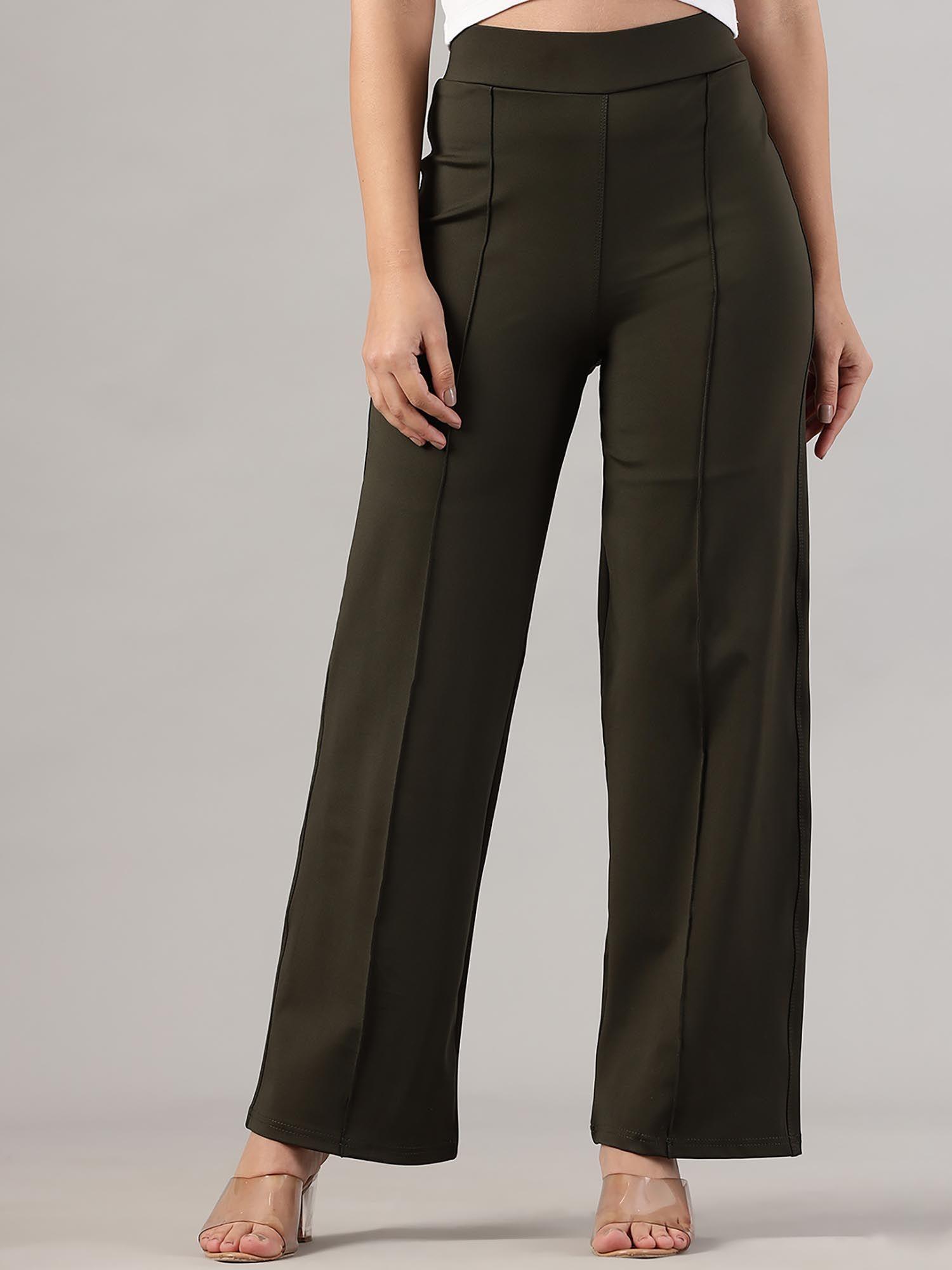 women polyester solid olive high waist casual trouser