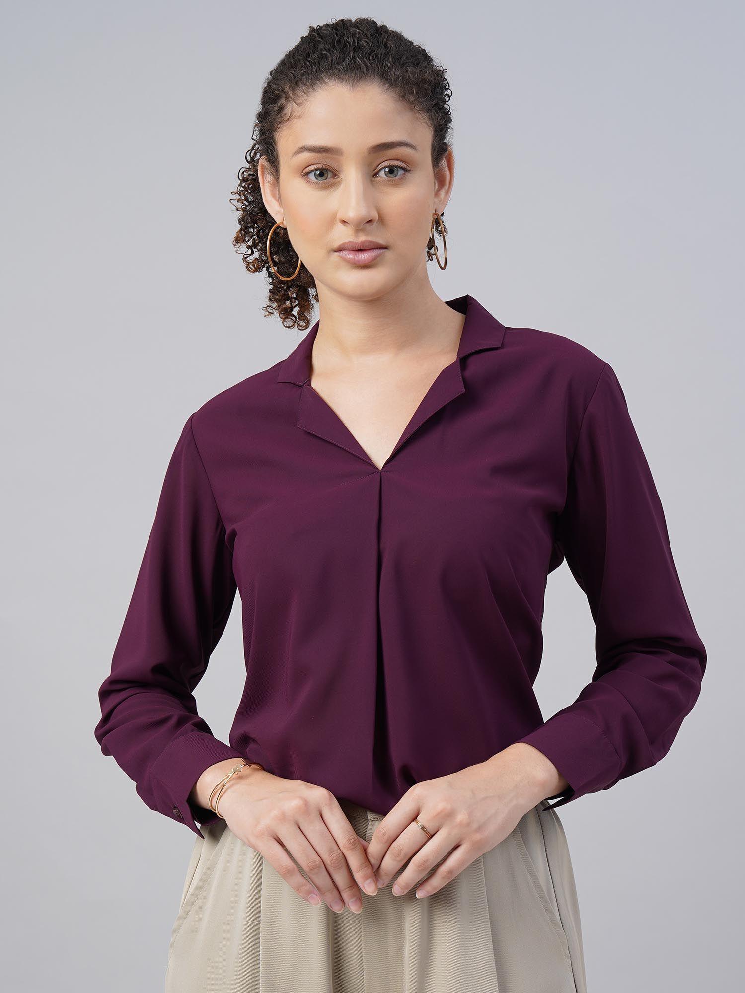 women polyester solid purple notched lapel top