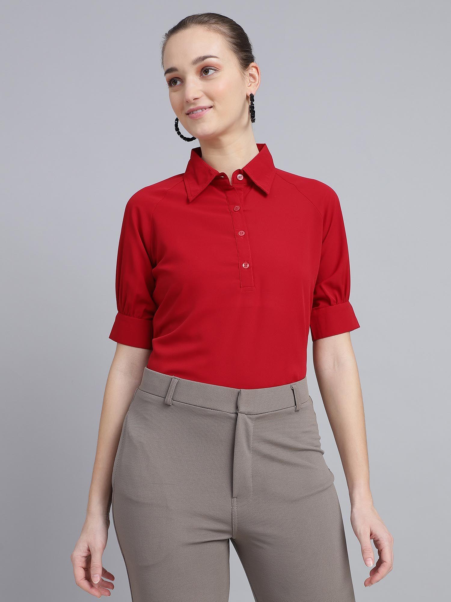 women polyester solid red puff sleeves shirt style top