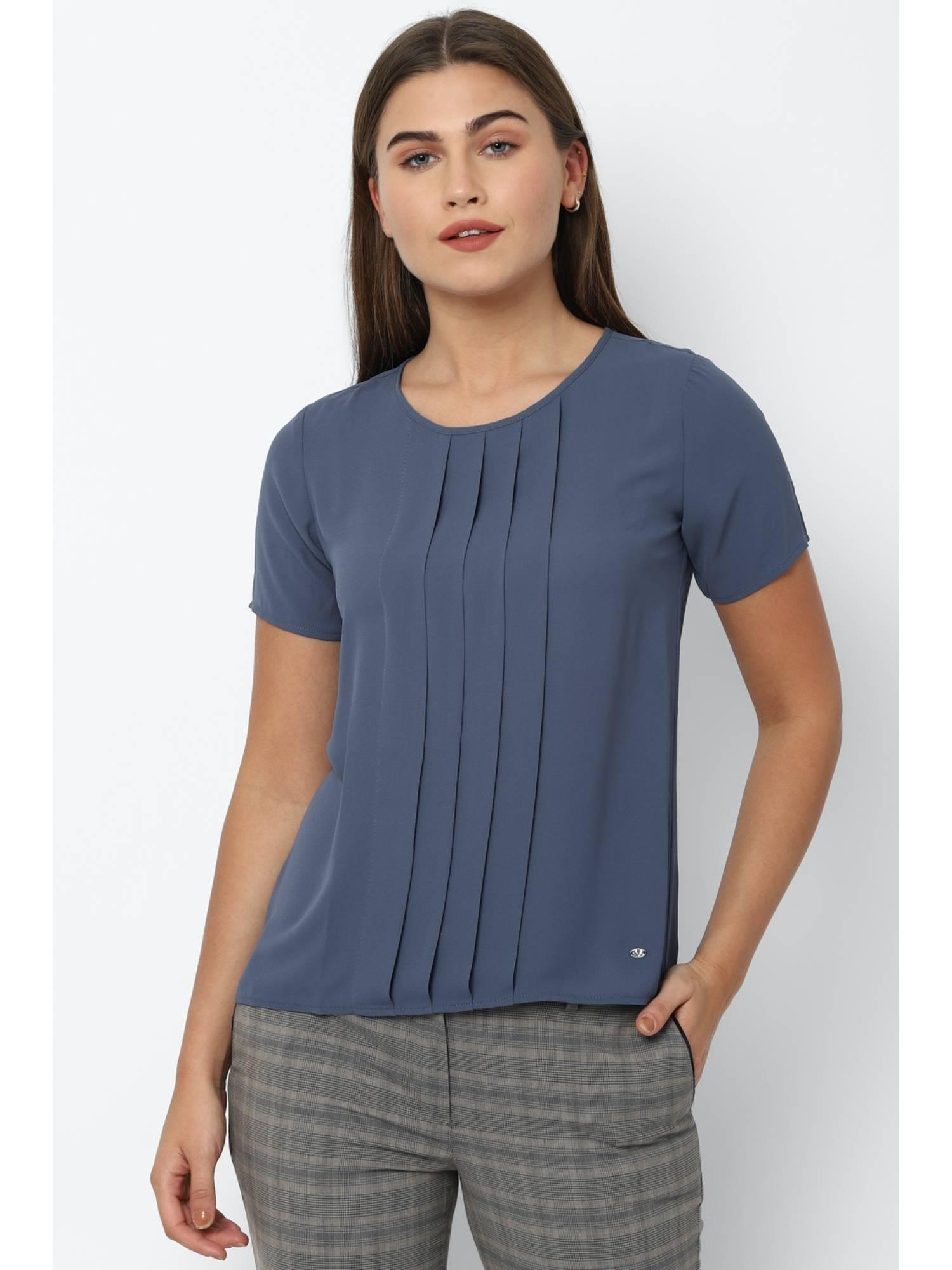 women polyester solid regular fit blue top