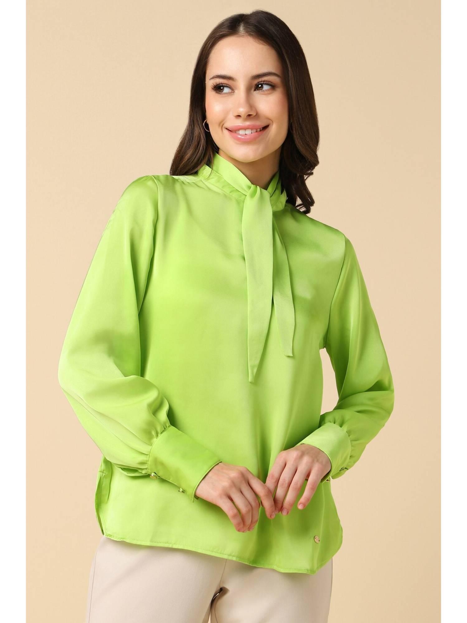 women polyester solid regular fit green top