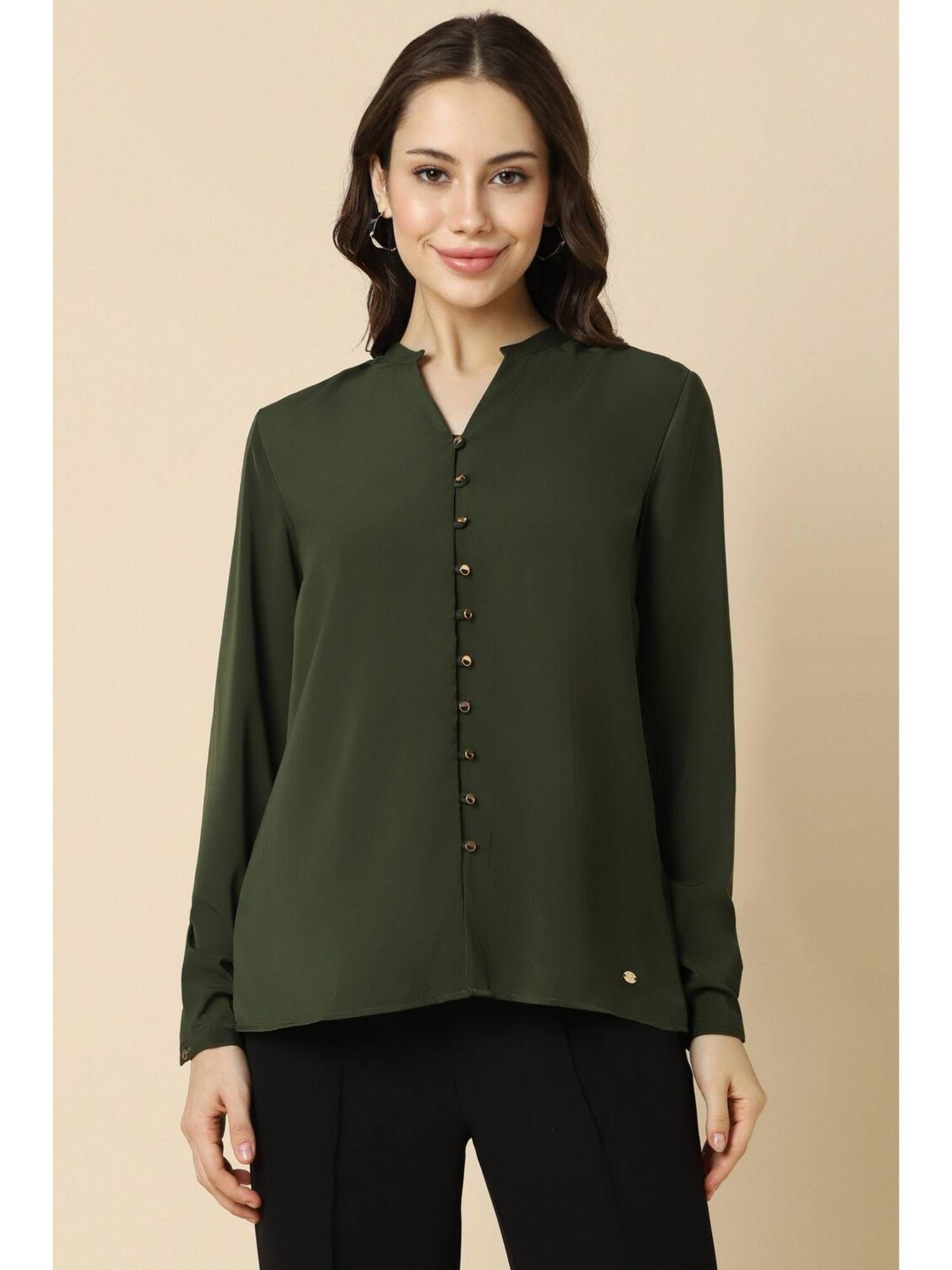 women polyester solid regular fit olive top