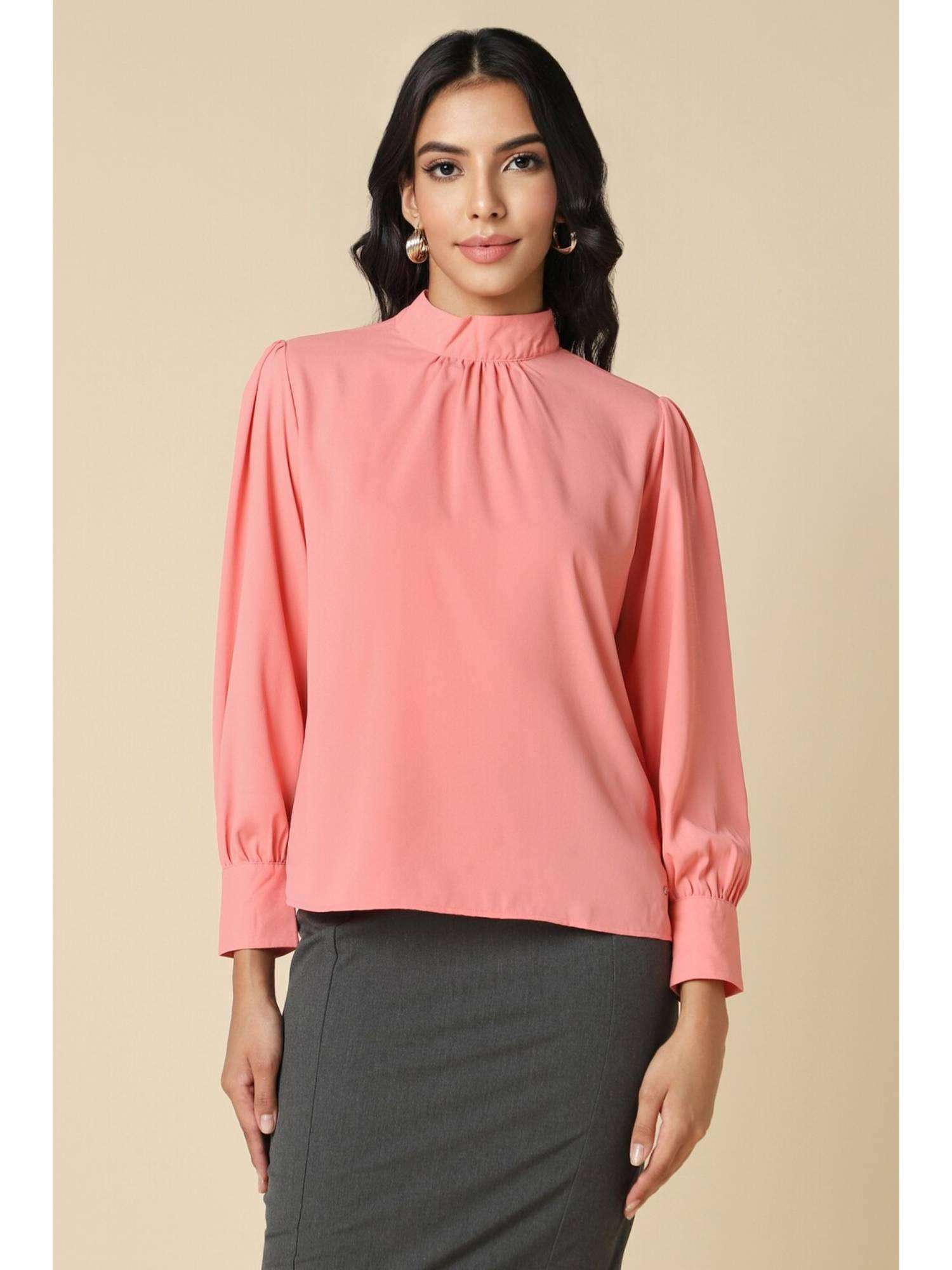 women polyester solid regular fit pink top