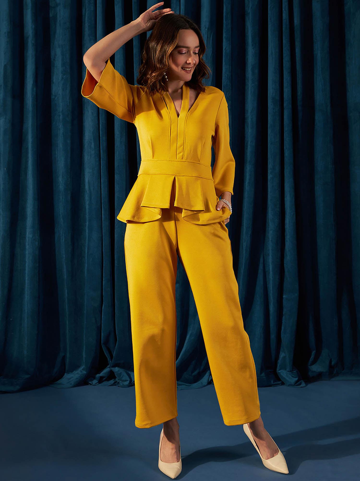 women polyester solid yellow jumpsuit