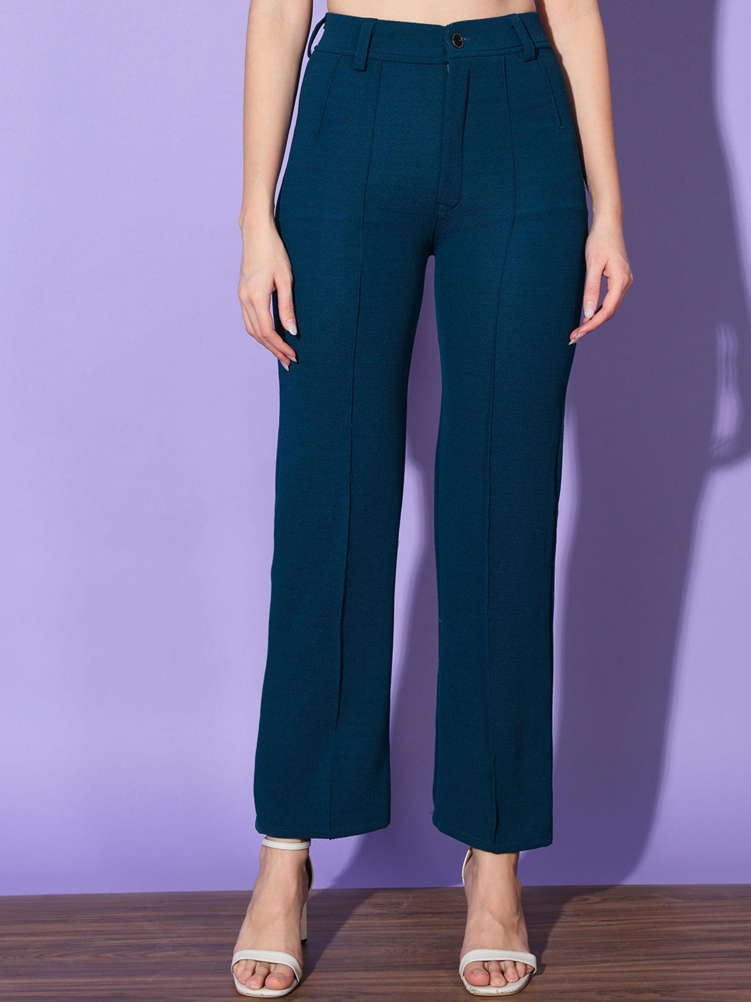 women polyester teal solid trouser