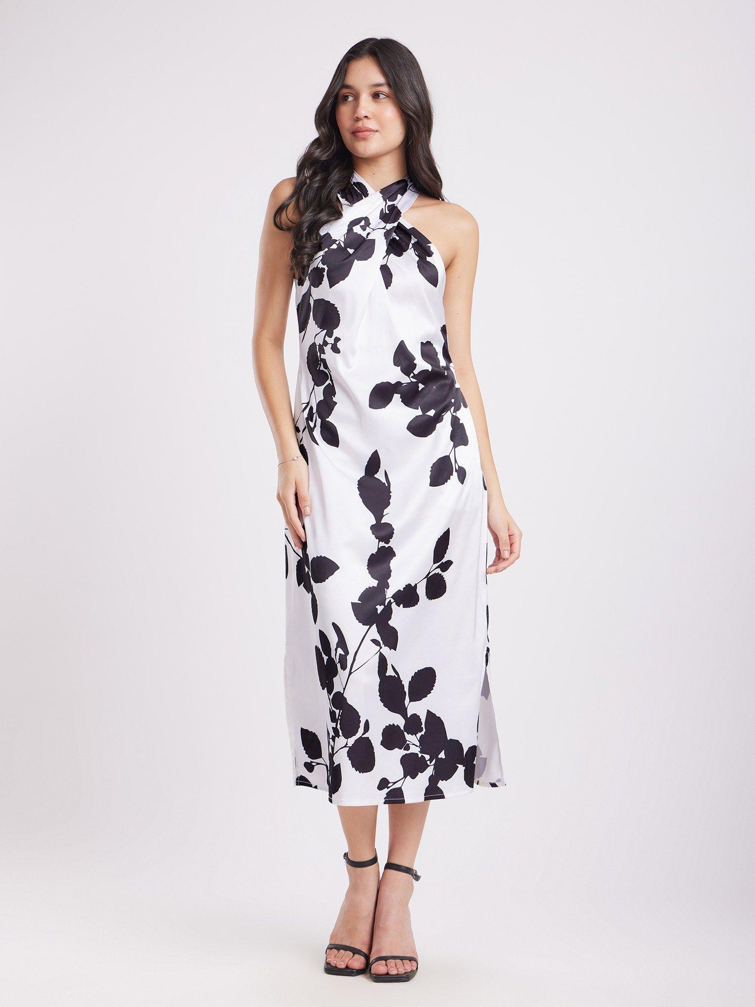 women polyester white floral midi dress