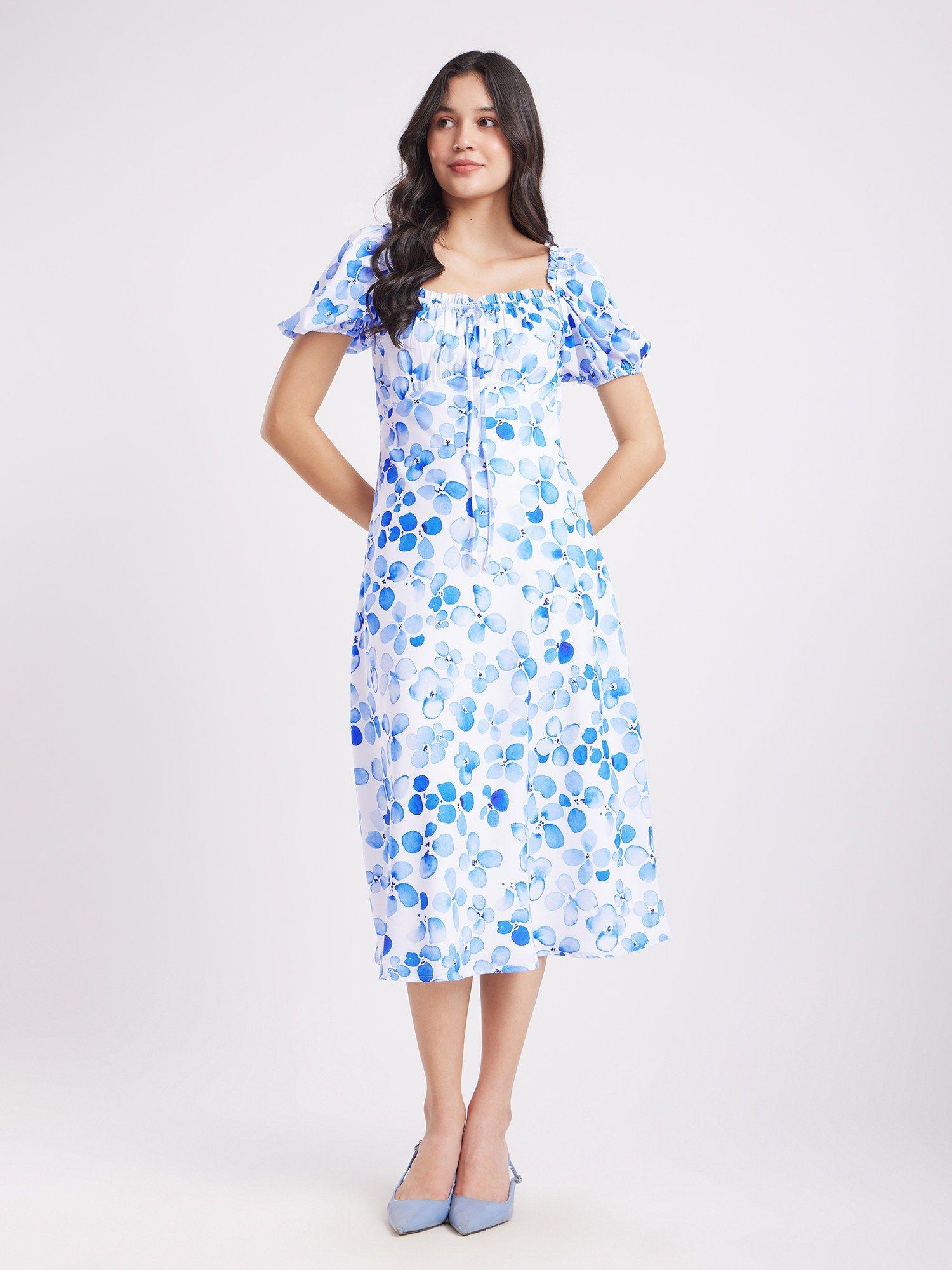 women polyester white floral midi dress