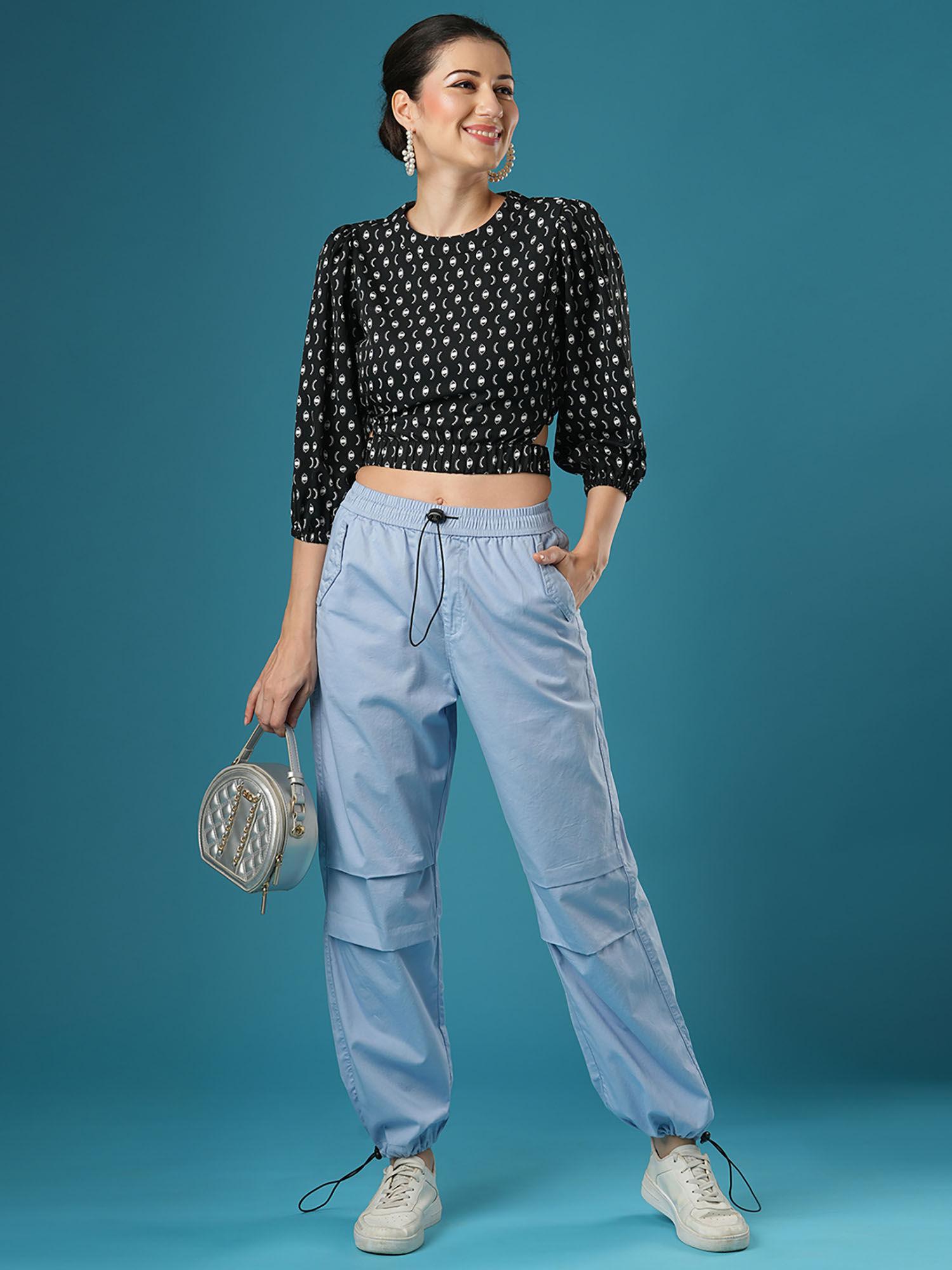 women powder blue mid-rise relaxed fit toggles hem cargo pant