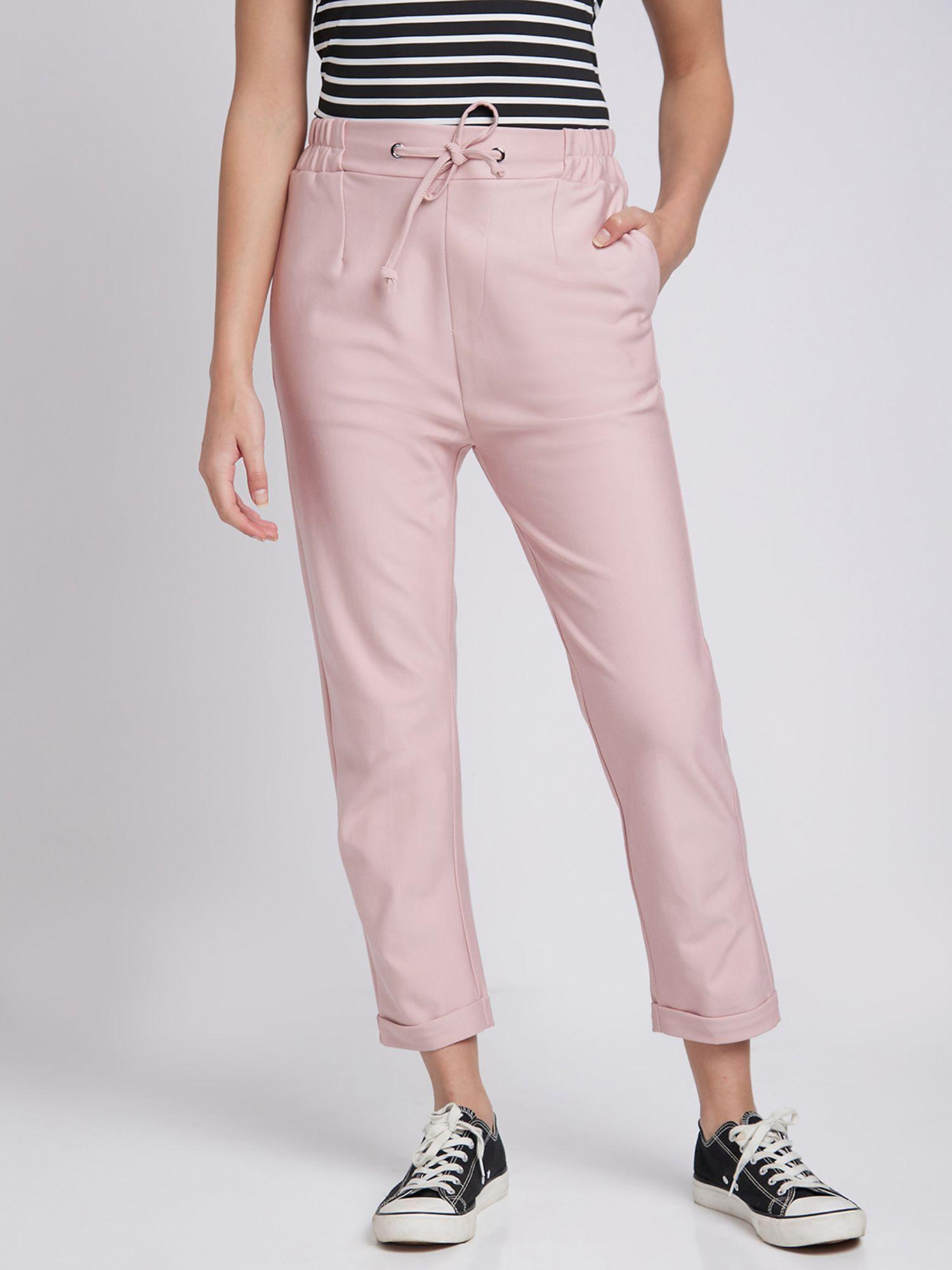 women powder pink slim fit ankle length blended trackpant