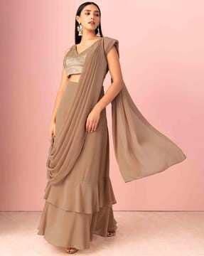 women pre-stiched saree with embellished blouse