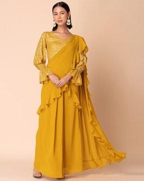 women pre-stiched saree with embellished blouse