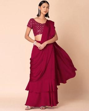 women pre-stiched saree with embellished blouse