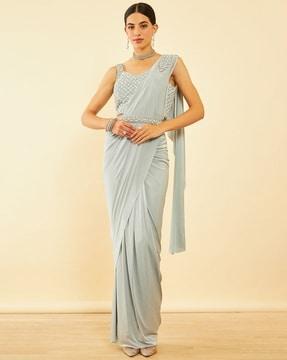 women pre-stitched saree with blouse & belt