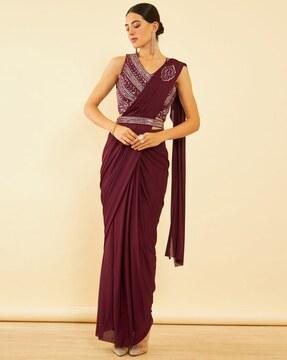 women pre-stitched saree with blouse & belt