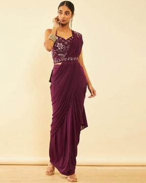 women pre-stitched saree with embellished blouse & belt