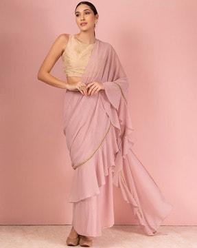 women pre-stitched saree with ruffled detail