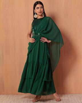 women pre-stitched saree with ruffles