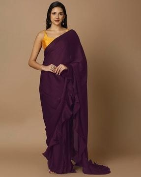 women pre-stitched satin saree with ruffled details