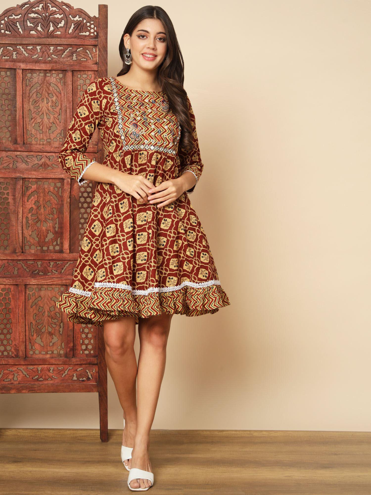 women print & embroidered cotton maroon dress