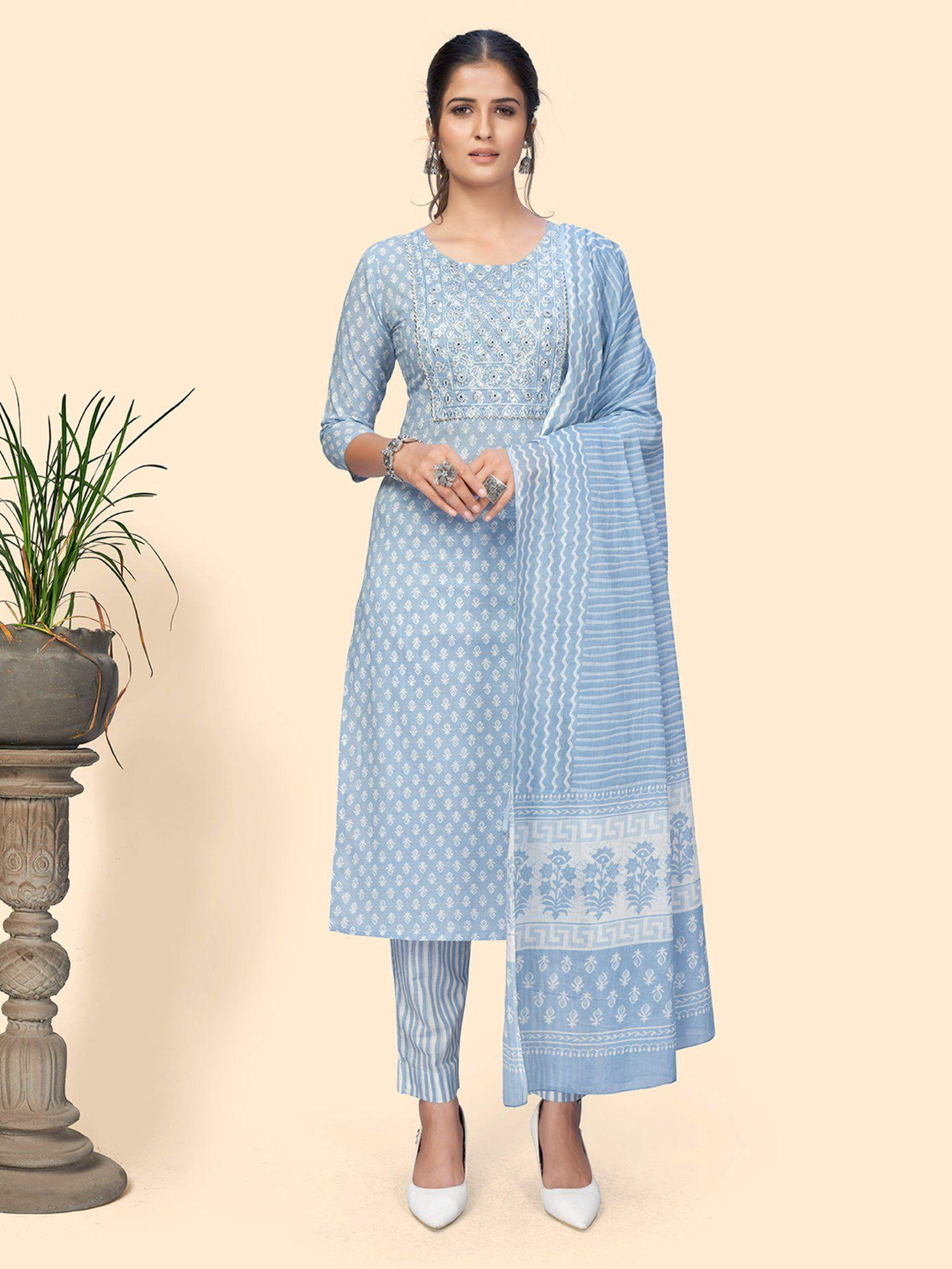 women print & embroidered straight sky blue kurta pant with dupatta (set of 3)
