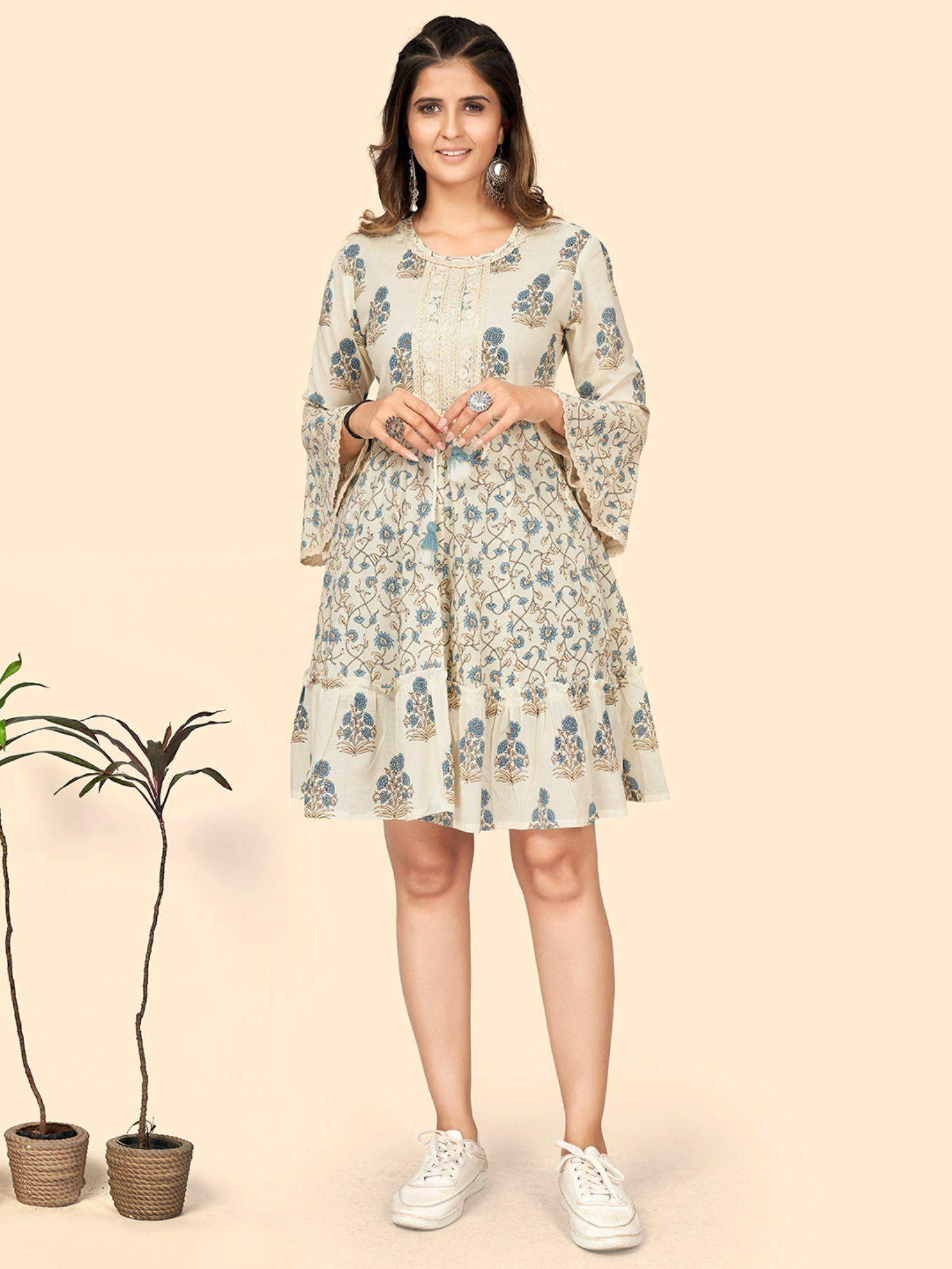 women print & lace work flared cotton cream stitched dress (set of 2)