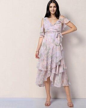 women print ruffled fit & flare dress with belt