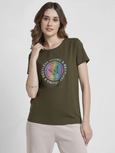 women printed, typography round neck cotton blend green t-shirt