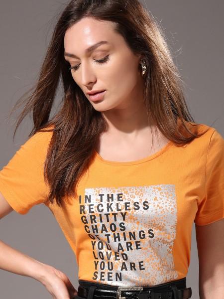 women printed, typography round neck cotton blend orange t-shirt