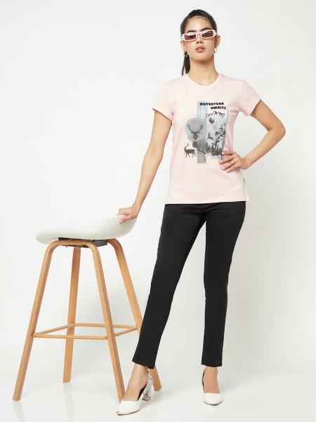 women printed, typography round neck cotton blend pink t-shirt