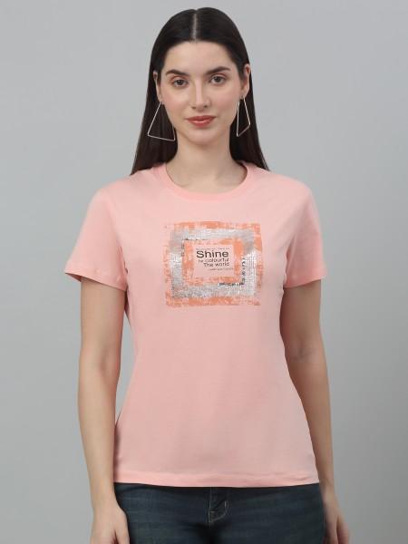 women printed, typography round neck poly cotton pink t-shirt