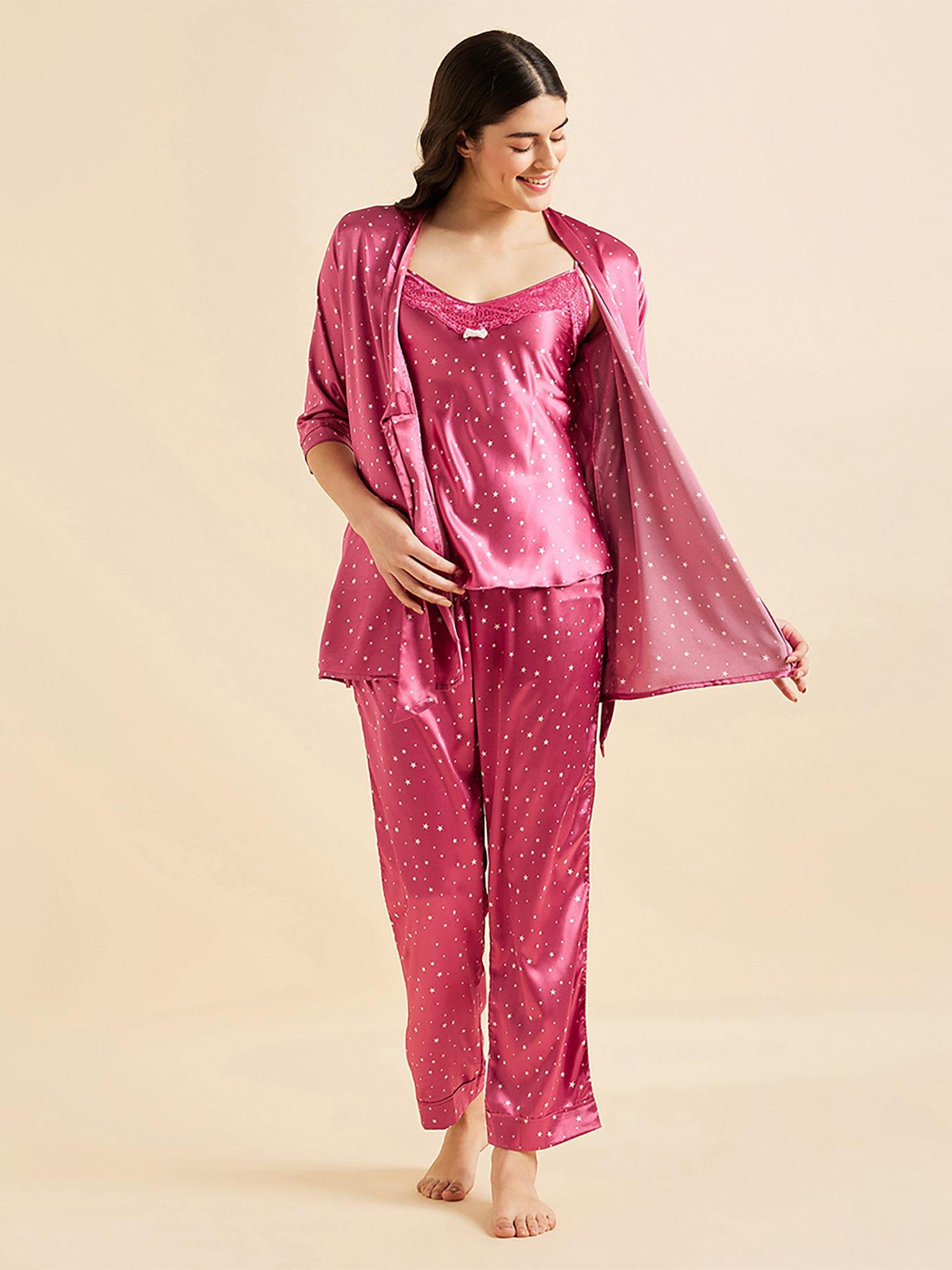 women printed 3 piece pyjama set - pink (set of 3)