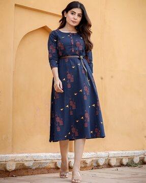 women printed a-line cotton dress with belt