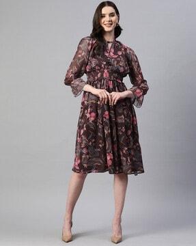 women printed a-line dress with 3/4th sleeves