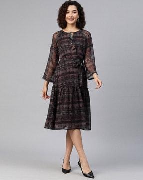 women printed a-line dress with 3/4th sleeves
