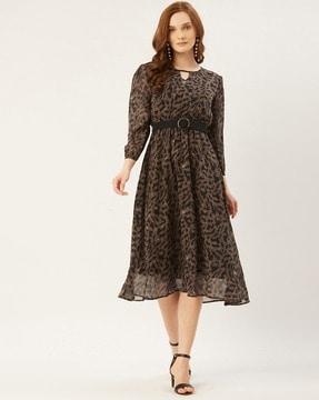 women printed a-line dress with belt